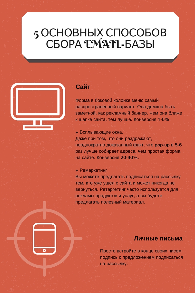 5 BASIC WAYS TO COLLECT EMAIL-BASE: website, form, pop-up windows, personal letters. infographics