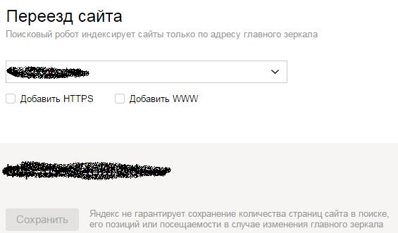 The “Main mirror” tab in the new Yandex webmaster 