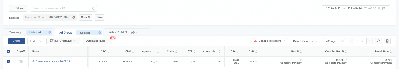 indicators for September 20-30 conversions